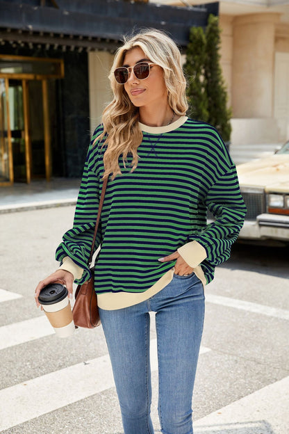 Striped Round Neck Contrast Color Long Sleeve