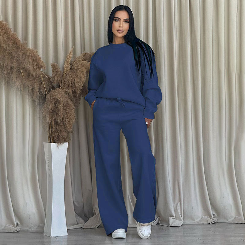 Solid Color Round Neck Long Sleeve Wide Leg Pants Suit