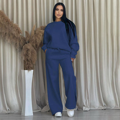 Solid Color Round Neck Long Sleeve Wide Leg Pants Suit