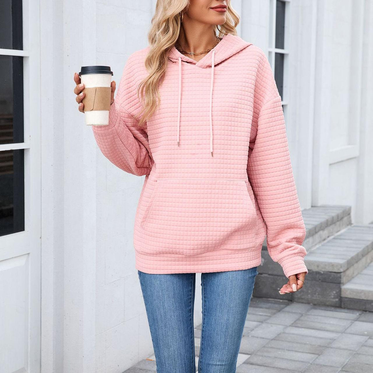 Solid Color Hooded Pocket Loose Pullover