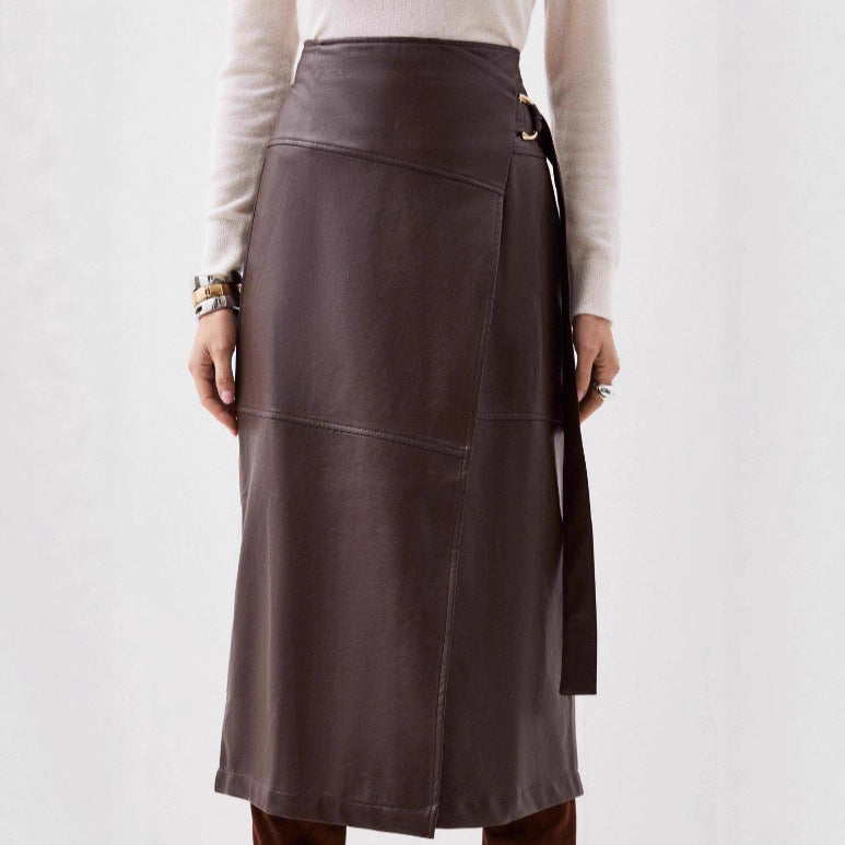 Faux Leather Elegant Irregular Asymmetric Slit Belt Adjustable A-line Skirt