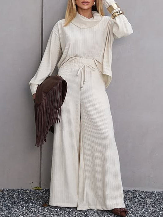 Turtleneck Long Sleeve Wide Leg Trousers Casual Two-Piece Set