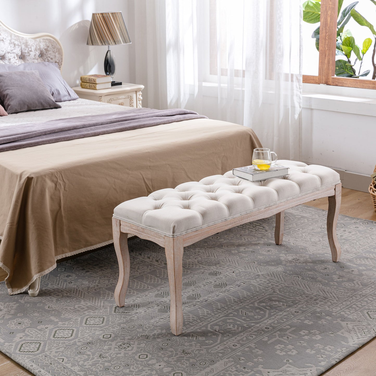 French Vintage Tufted Bench