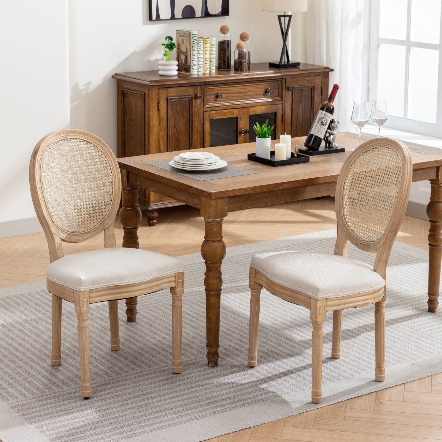 French Style Dining Chair with Rattan Back Set