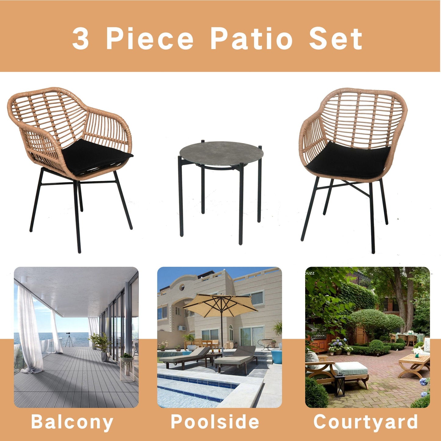 3 Pieces Wicker Table & Chairs