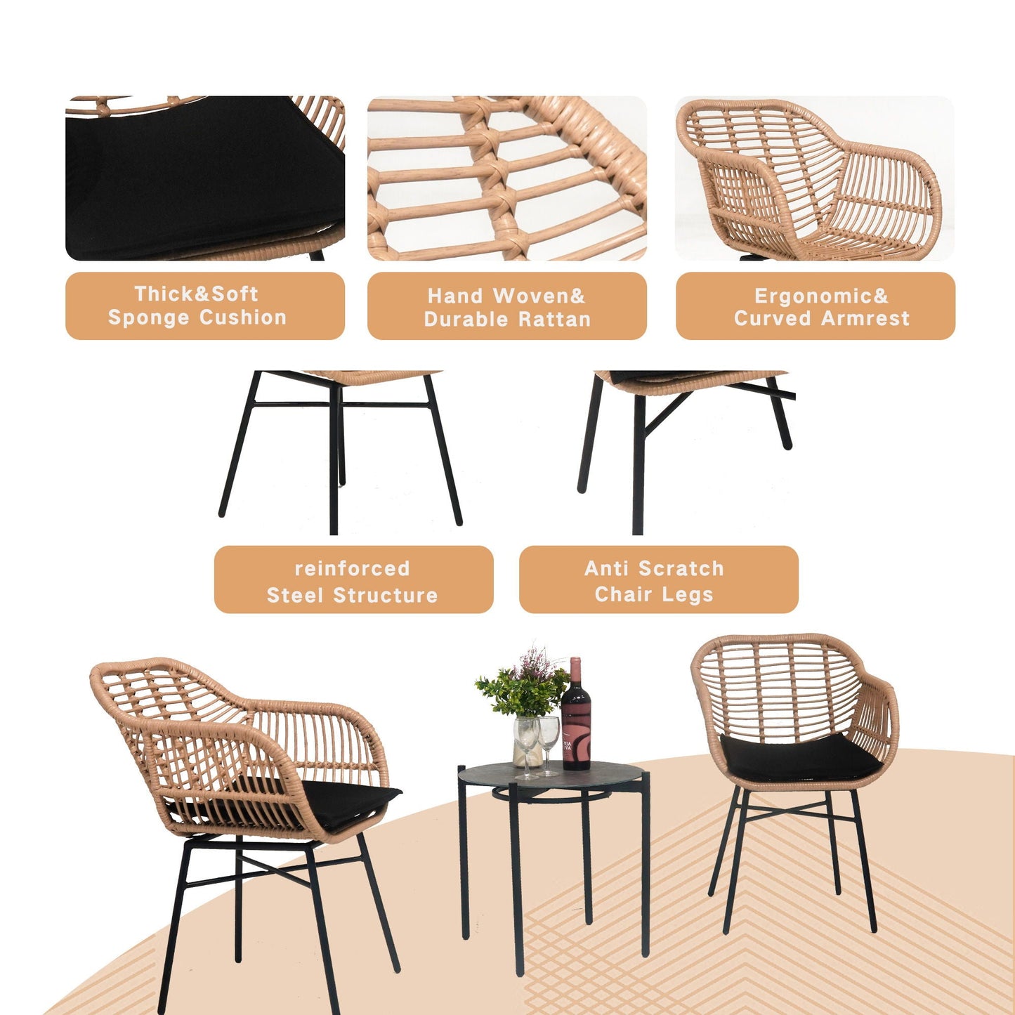 3 Pieces Wicker Table & Chairs