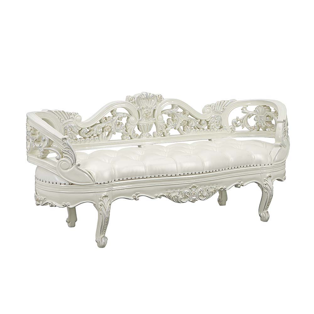 Adara - Pearl White Leather Antique White Bench