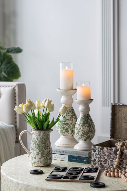 D4.7x10' White Ceramic Candle Holder with Green Floral Patterns, Small