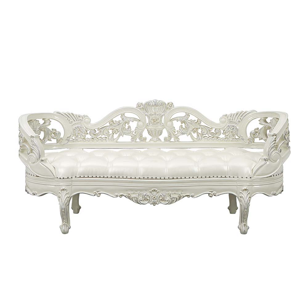 Adara - Pearl White Leather Antique White Bench