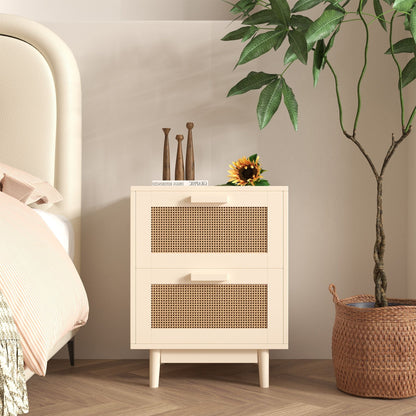 2-Drawer Rattan-Style Accent Table with Natural Wood Finish