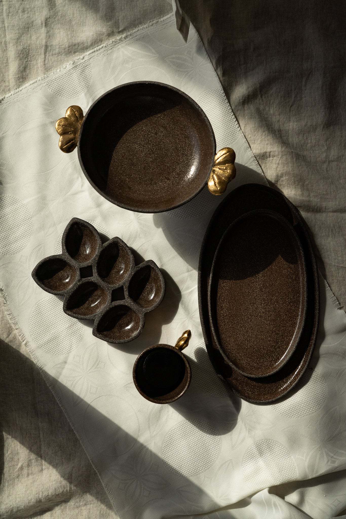 Pumpernickel w/ Gold Leaves - Stoneware Pedestal Fruit Bowl