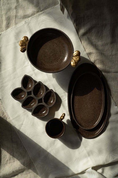 Pumpernickel w/ Gold Leaves - Stoneware Pedestal Fruit Bowl