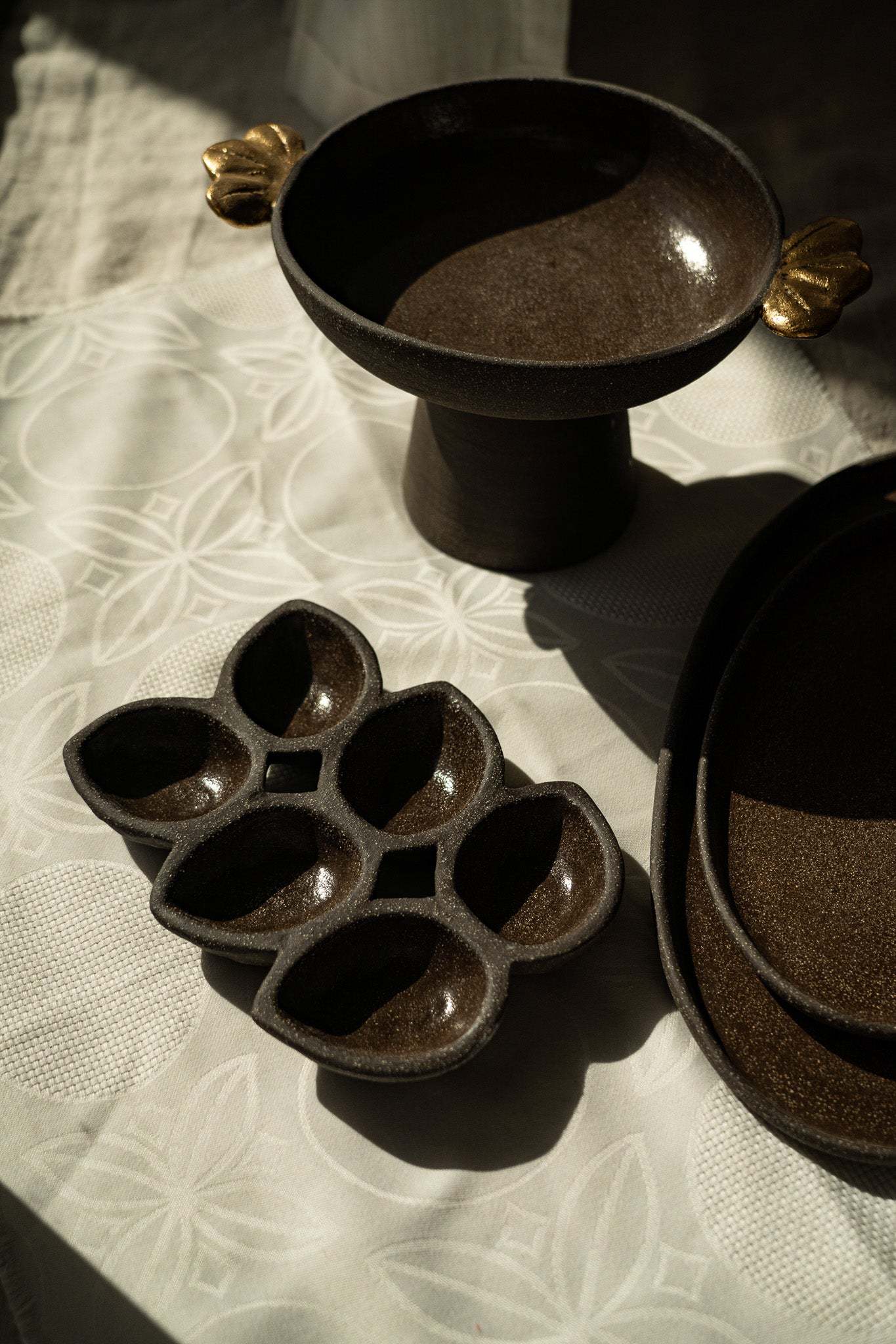 Pumpernickel w/ Gold Leaves - Stoneware Pedestal Fruit Bowl