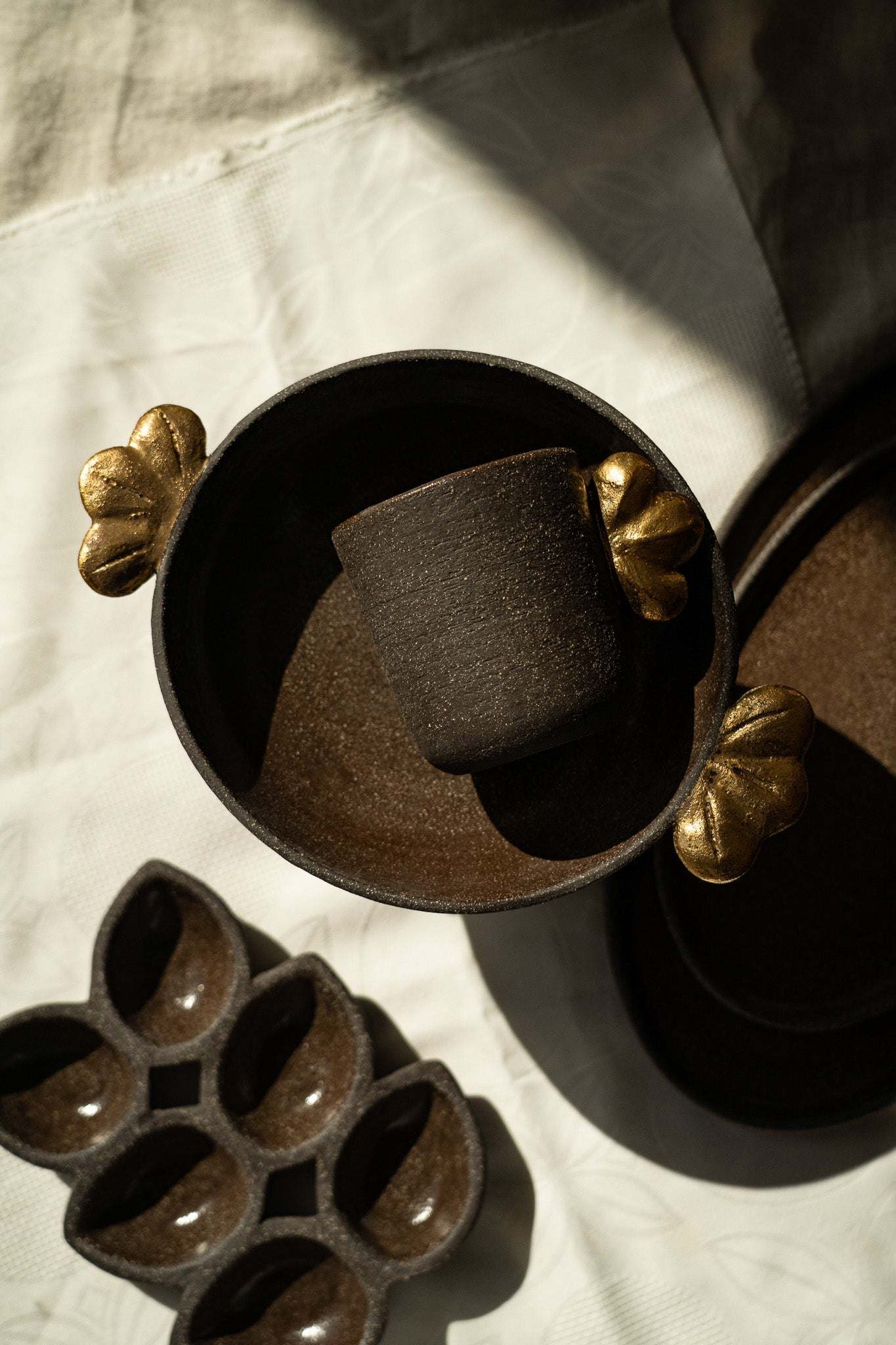 Pumpernickel w/ Gold Leaves - Stoneware Pedestal Fruit Bowl