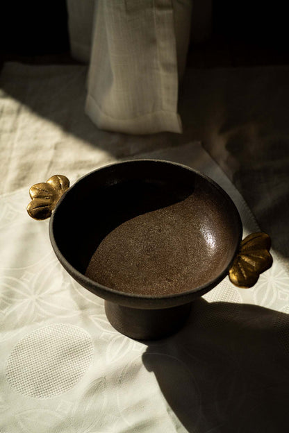Pumpernickel w/ Gold Leaves - Stoneware Pedestal Fruit Bowl