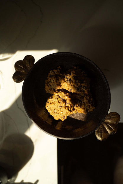 Pumpernickel w/ Gold Leaves - Stoneware Pedestal Fruit Bowl