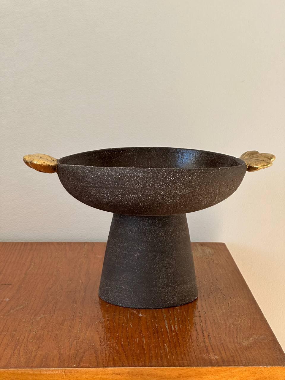 Pumpernickel w/ Gold Leaves - Stoneware Pedestal Fruit Bowl
