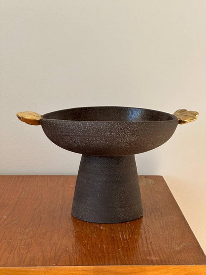 Pumpernickel w/ Gold Leaves - Stoneware Pedestal Fruit Bowl