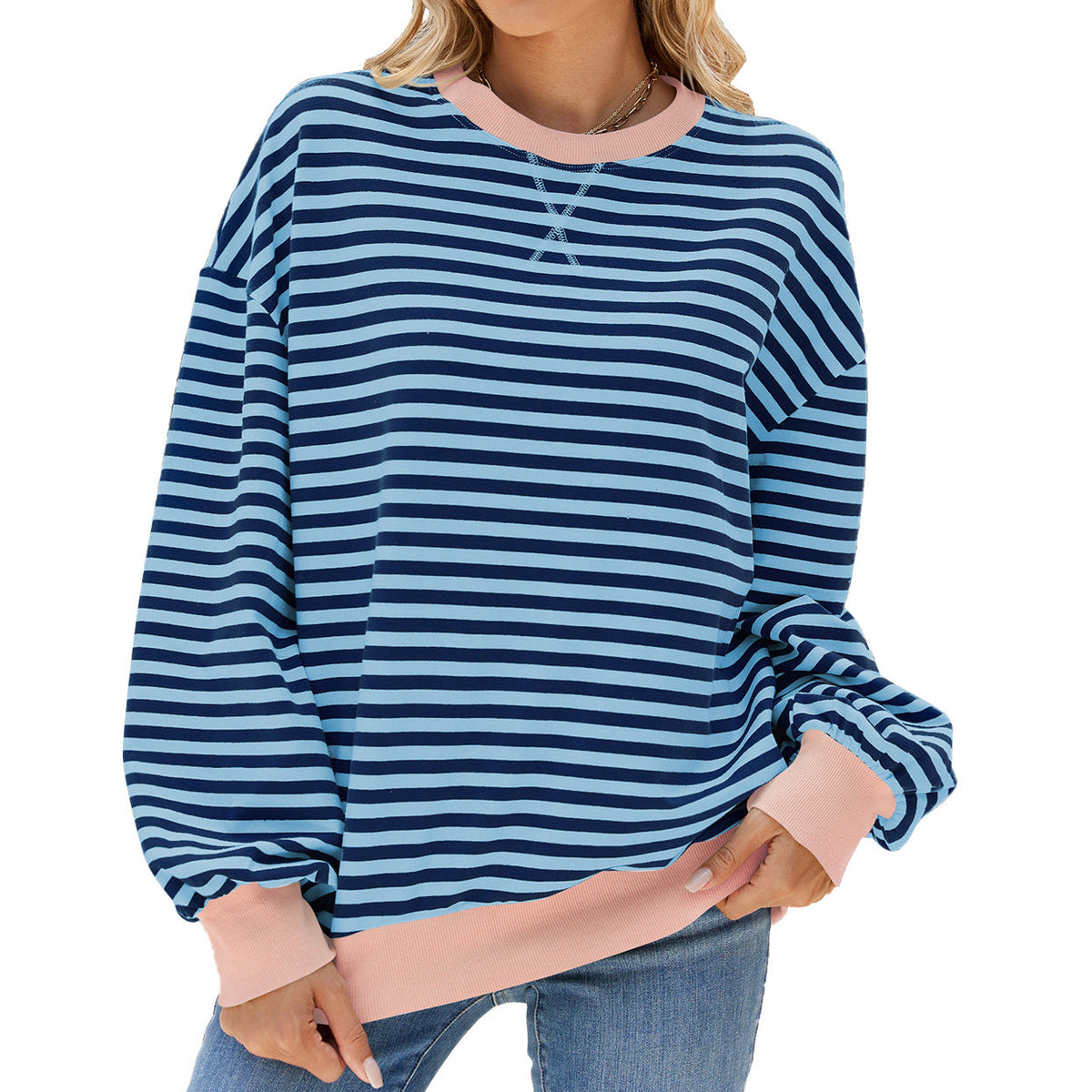Striped Round Neck Contrast Color Long Sleeve