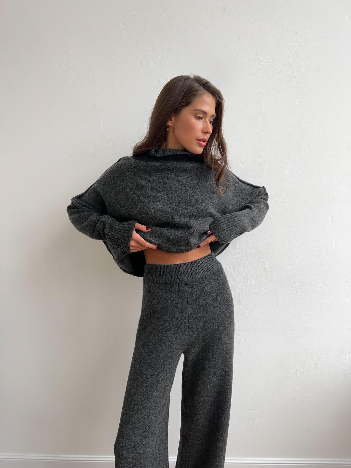 High Neck Split Wool & Knitted Trousers Two-Piece Set
