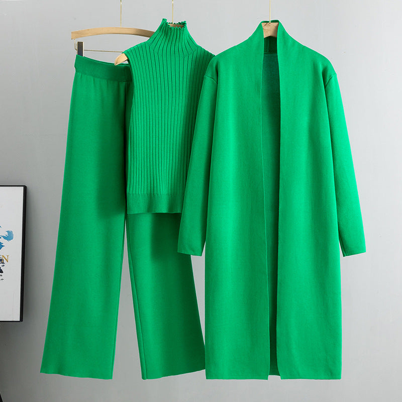Knitting Suit Women Shawl Turtleneck Vest Wide Leg Pants Three Piece Set