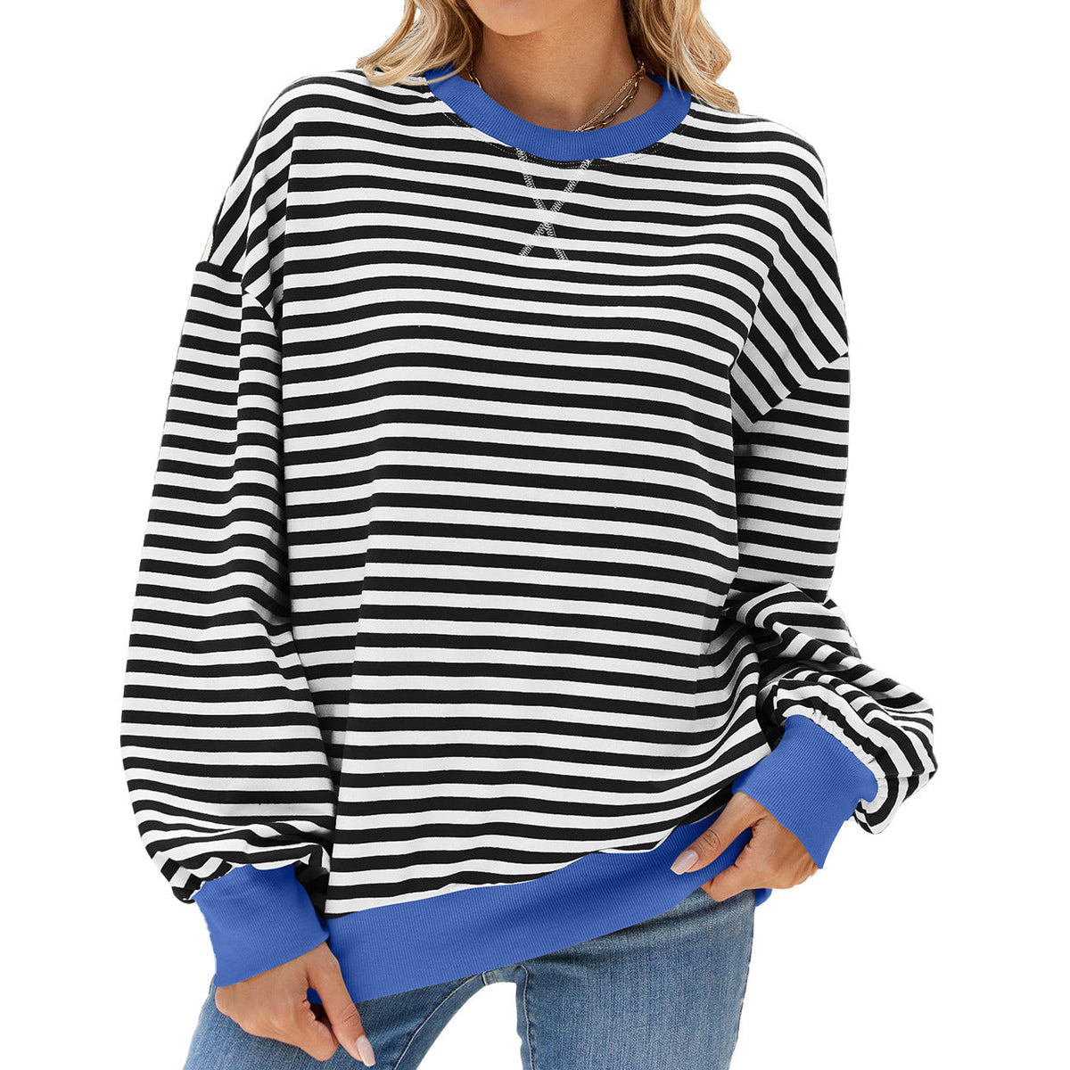 Striped Round Neck Contrast Color Long Sleeve