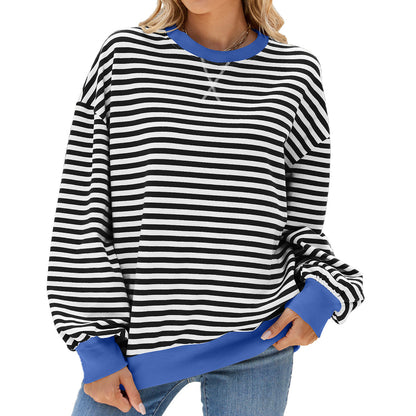 Striped Round Neck Contrast Color Long Sleeve