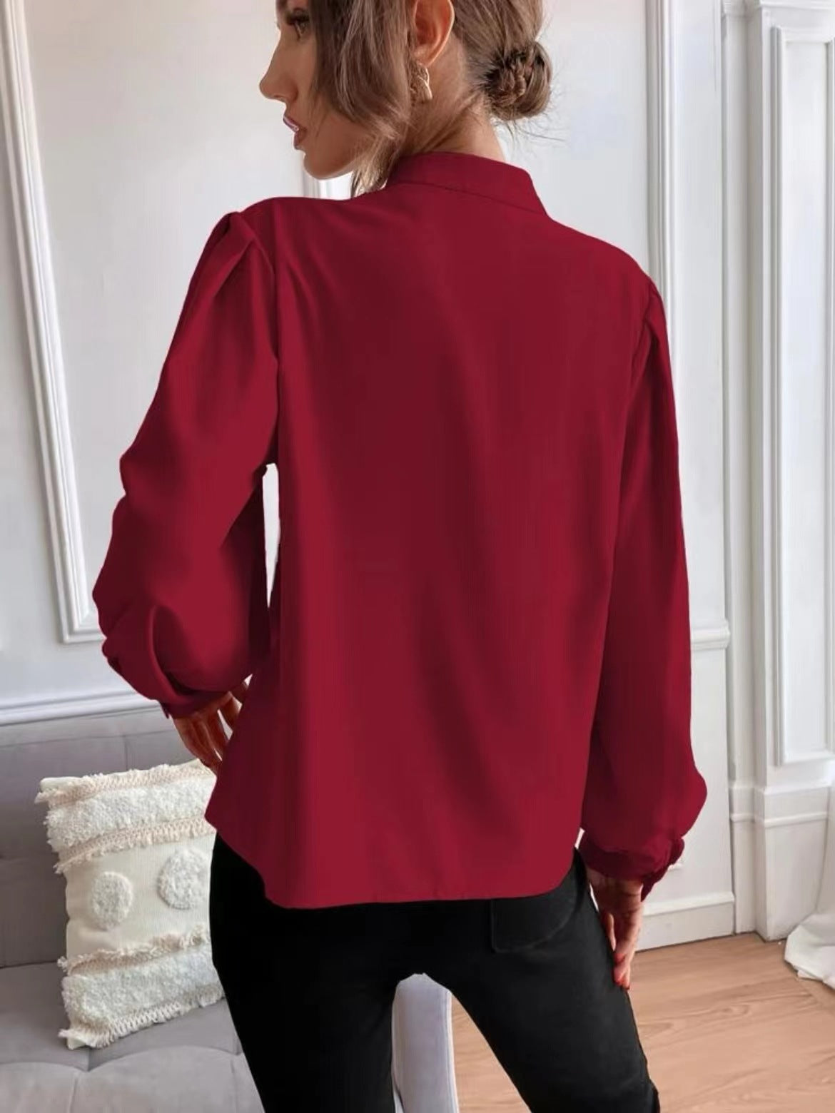 Elegant Solid Color Collared Long Sleeve Top