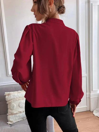 Elegant Solid Color Collared Long Sleeve Top