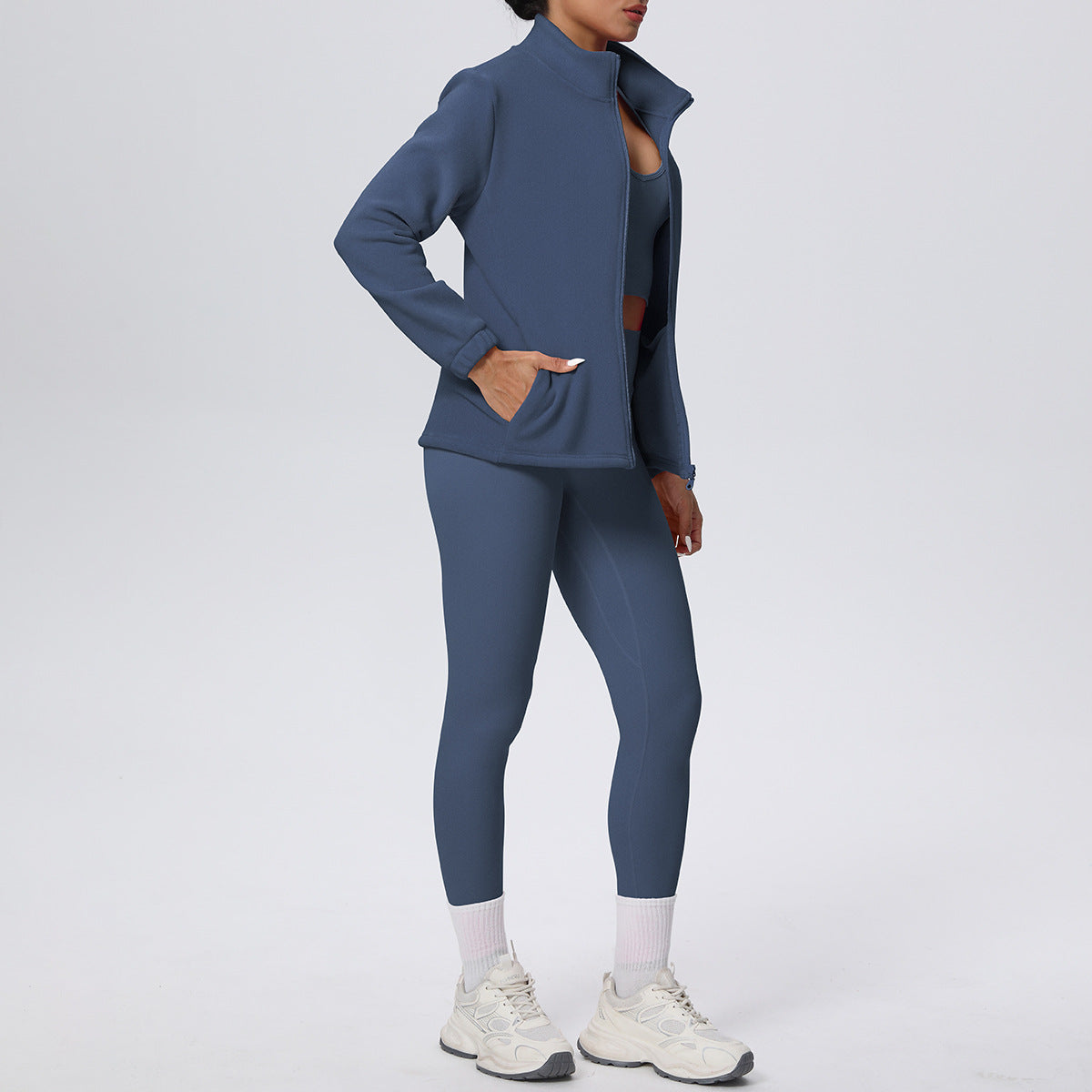 Skinny High Waist Hip Lift Nude Feel & Long Sleeve Zipper Fleece Padded Coat Two-Piece Suit