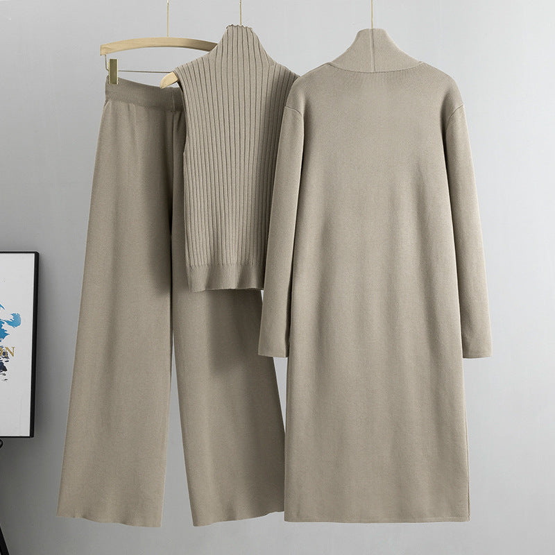Knitting Suit Women Shawl Turtleneck Vest Wide Leg Pants Three Piece Set