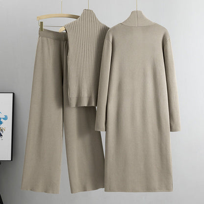 Knitting Suit Women Shawl Turtleneck Vest Wide Leg Pants Three Piece Set