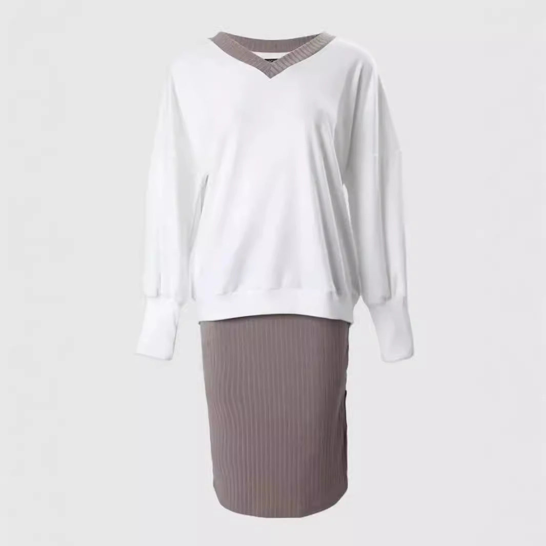 Loose V neck Sweatshirt Pencil Skirt Top Two-Piece Set