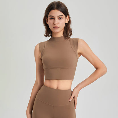 Lycra High Elastic Shockproof Turtleneck Fixed Cup Bra Vest Quick Drying Top