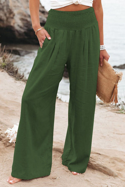 Cotton Linen Elastic Waist Wide Leg Pants
