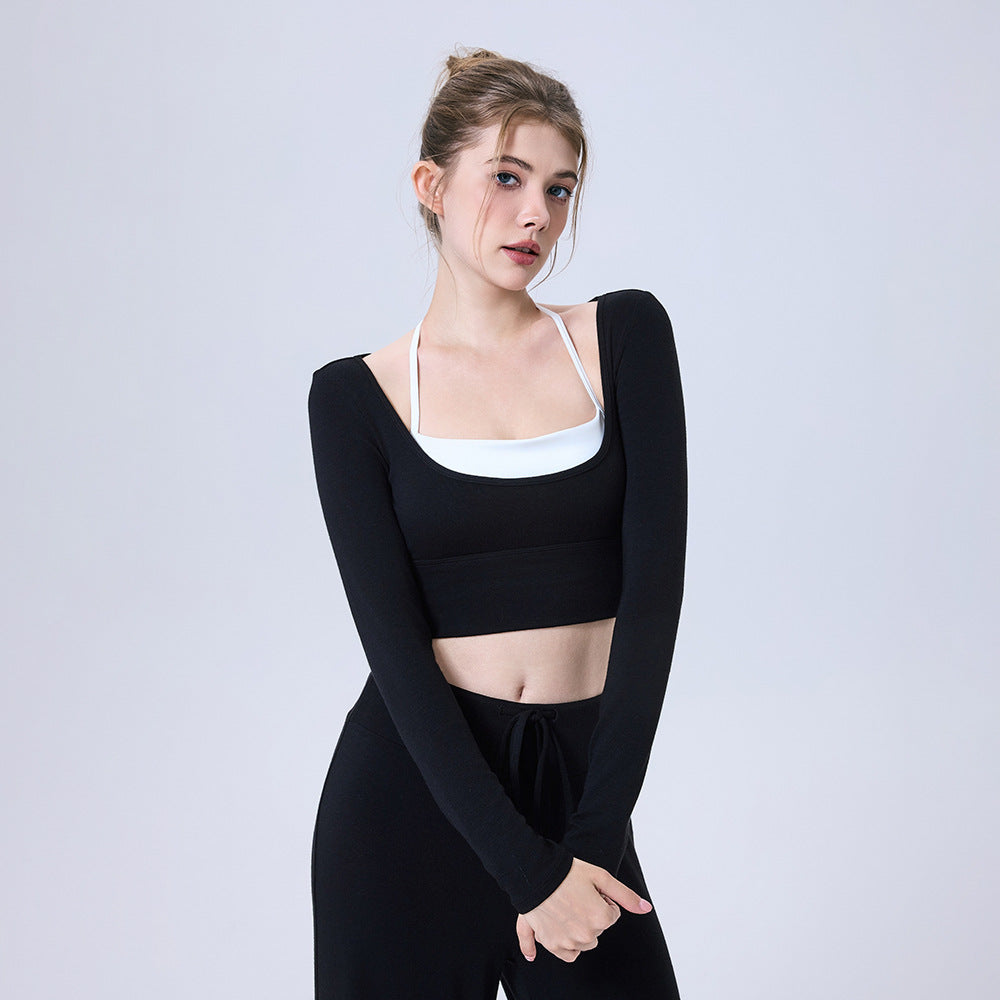 Nude Feel Long Sleeve Semi Fixed Cup Running Sports Bra Breathable Top