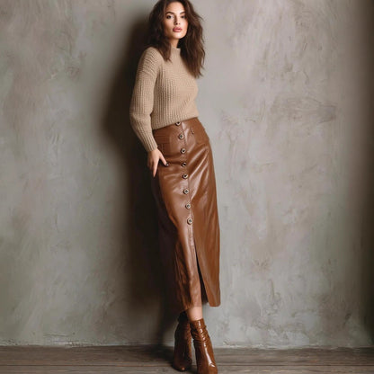 Faux Leather High Waisted Button Slit Long Skirt