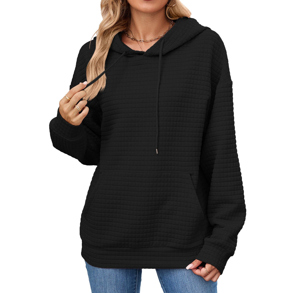 Solid Color Hooded Pocket Loose Pullover
