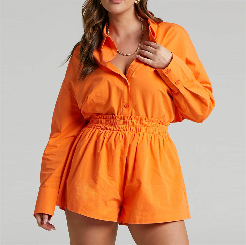 Two Piece Set Solid Color Single Breasted Long Sleeve Collared Shirt Shorts Loose Casual Set