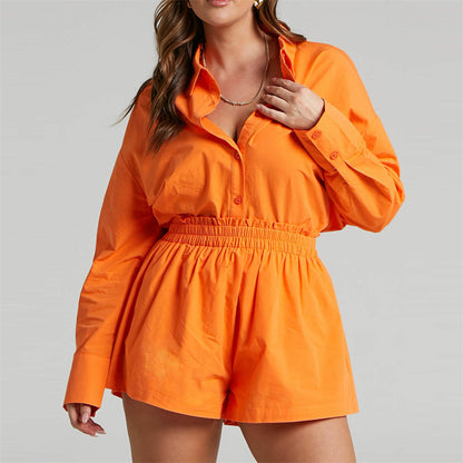 Two Piece Set Solid Color Single Breasted Long Sleeve Collared Shirt Shorts Loose Casual Set