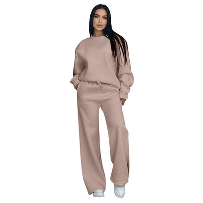 Solid Color Round Neck Long Sleeve Wide Leg Pants Suit