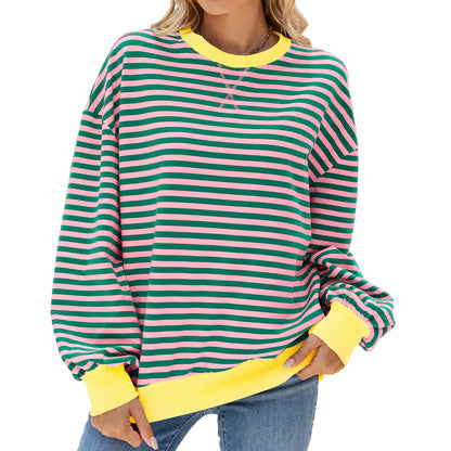 Striped Round Neck Contrast Color Long Sleeve