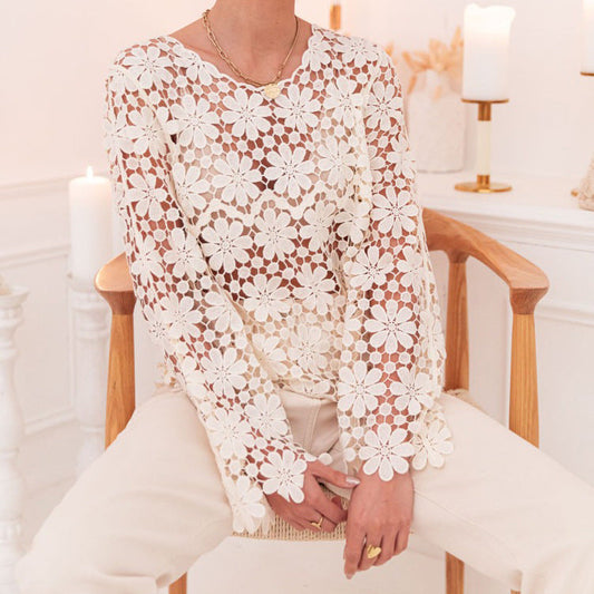 Round Neck Hollow Out Cutout Floral Loose Long Sleeve Top
