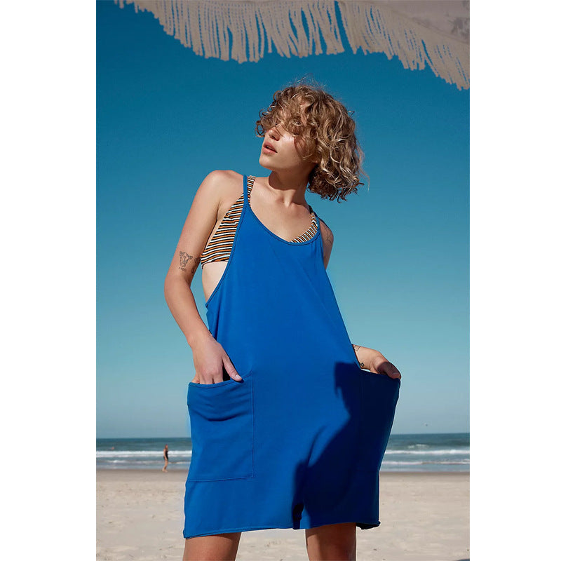 Casual Pocket Spaghetti Straps Knitted Shorts Jumpsuit