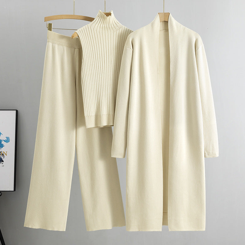 Knitting Suit Women Shawl Turtleneck Vest Wide Leg Pants Three Piece Set