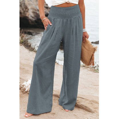 Cotton Linen Elastic Waist Wide Leg Pants