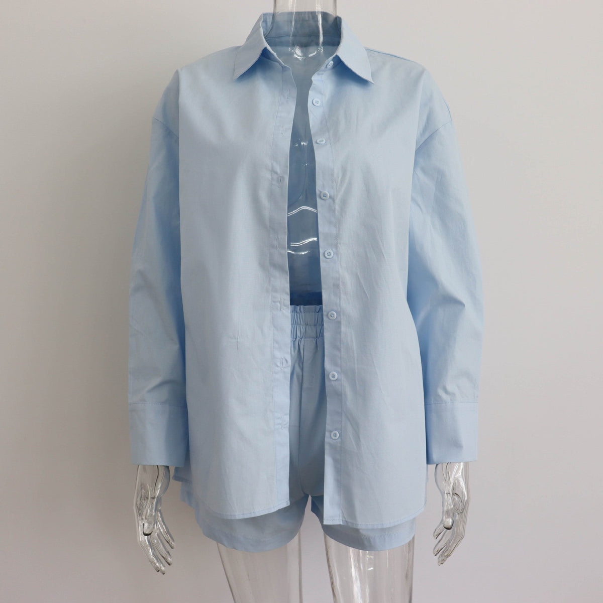 Two Piece Set Solid Color Single Breasted Long Sleeve Collared Shirt Shorts Loose Casual Set
