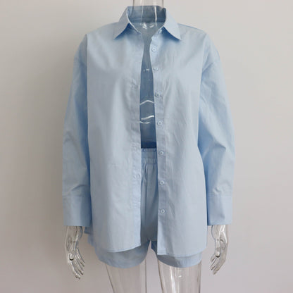 Two Piece Set Solid Color Single Breasted Long Sleeve Collared Shirt Shorts Loose Casual Set