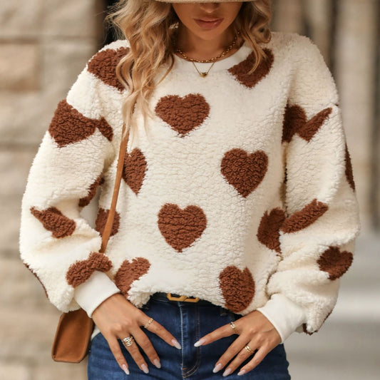 Plush Loving Heart Printed Loose Long Sleeves Crew Neck Pullover Sweatshirt