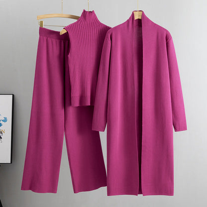 Knitting Suit Women Shawl Turtleneck Vest Wide Leg Pants Three Piece Set